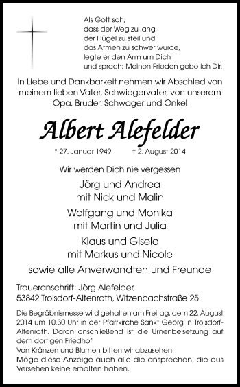 Anzeige von Albert Alefelder von Kölner Stadt-Anzeiger / Kölnische Rundschau / Express