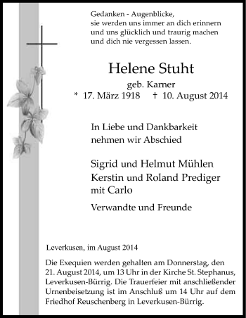 Anzeige von Helene Stuht von Kölner Stadt-Anzeiger / Kölnische Rundschau / Express