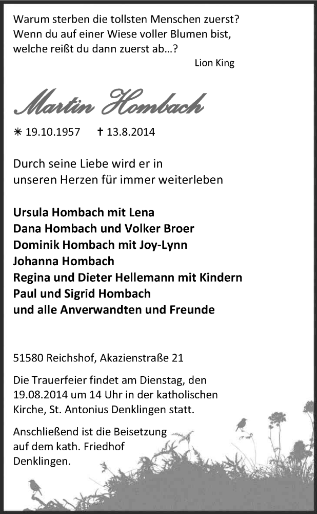 Traueranzeige für Martin Hombach vom 16.08.2014 aus Kölner Stadt-Anzeiger / Kölnische Rundschau / Express