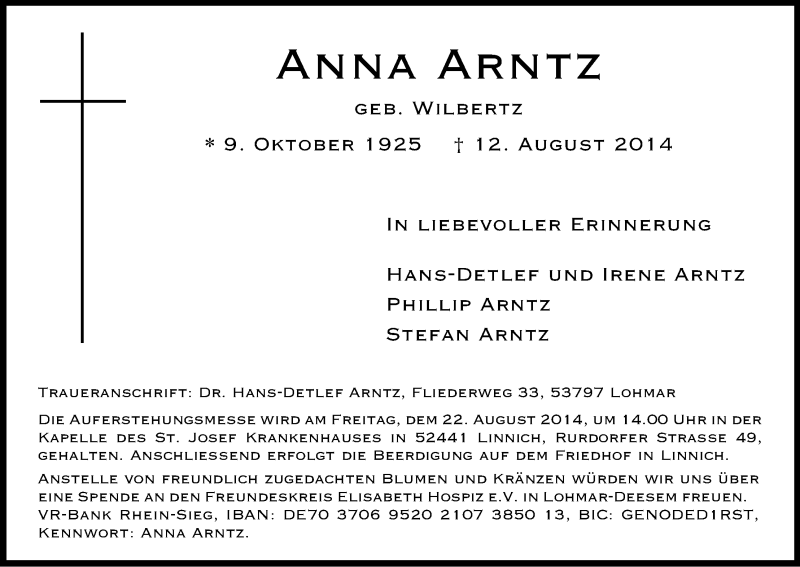  Traueranzeige für Anna Arntz vom 16.08.2014 aus Kölner Stadt-Anzeiger / Kölnische Rundschau / Express