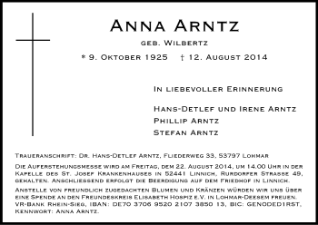 Anzeige von Anna Arntz von Kölner Stadt-Anzeiger / Kölnische Rundschau / Express