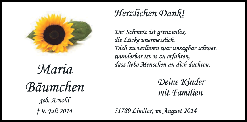  Traueranzeige für Maria Bäumchen vom 16.08.2014 aus Kölner Stadt-Anzeiger / Kölnische Rundschau / Express
