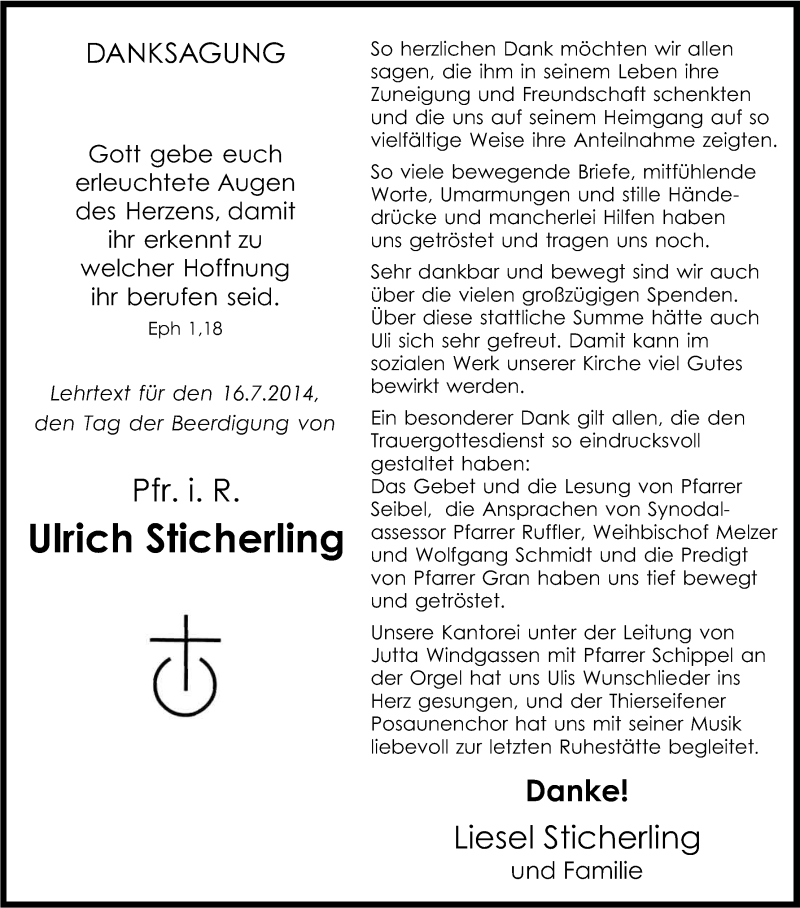  Traueranzeige für Ulrich Sticherling vom 16.08.2014 aus Kölner Stadt-Anzeiger / Kölnische Rundschau / Express