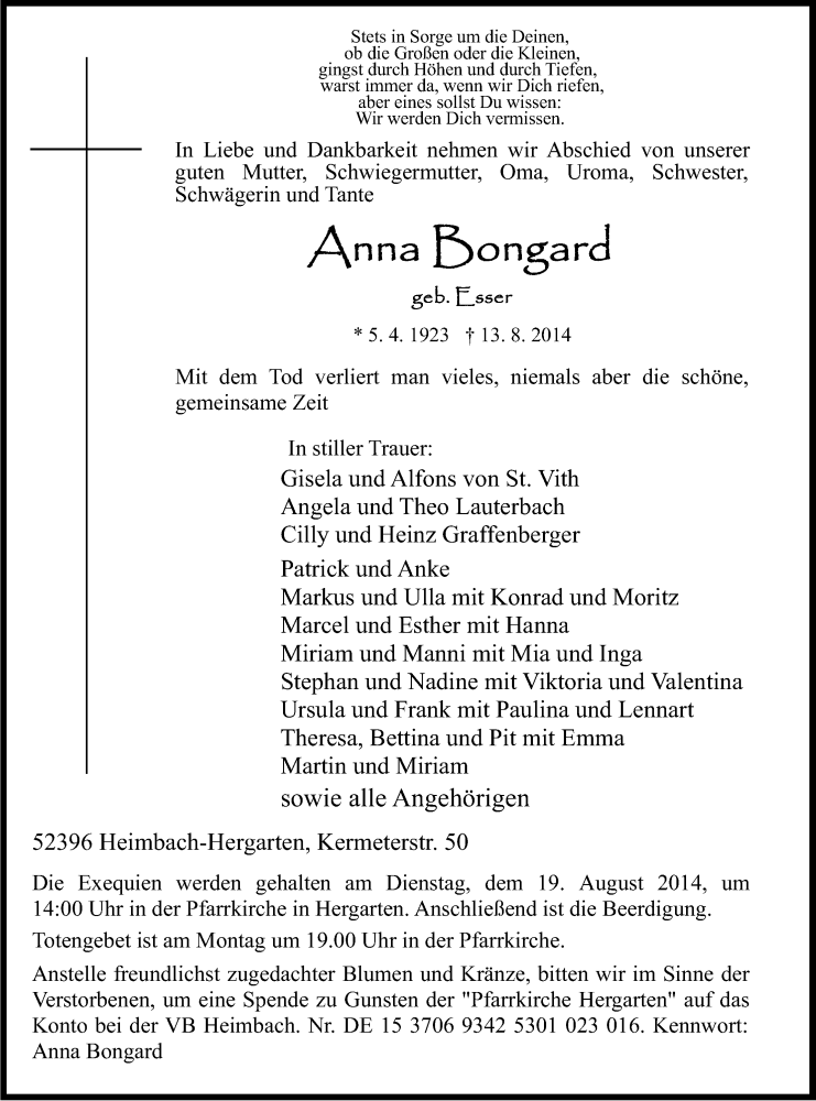  Traueranzeige für Anna Bongard vom 16.08.2014 aus Kölner Stadt-Anzeiger / Kölnische Rundschau / Express