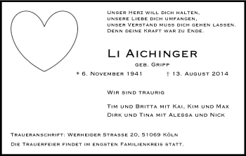 Anzeige von Li Aichinger von Kölner Stadt-Anzeiger / Kölnische Rundschau / Express