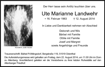 Anzeige von Ute Marianne Landwehr von Kölner Stadt-Anzeiger / Kölnische Rundschau / Express