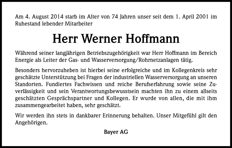  Traueranzeige für Werner Hoffmann vom 18.08.2014 aus Kölner Stadt-Anzeiger / Kölnische Rundschau / Express