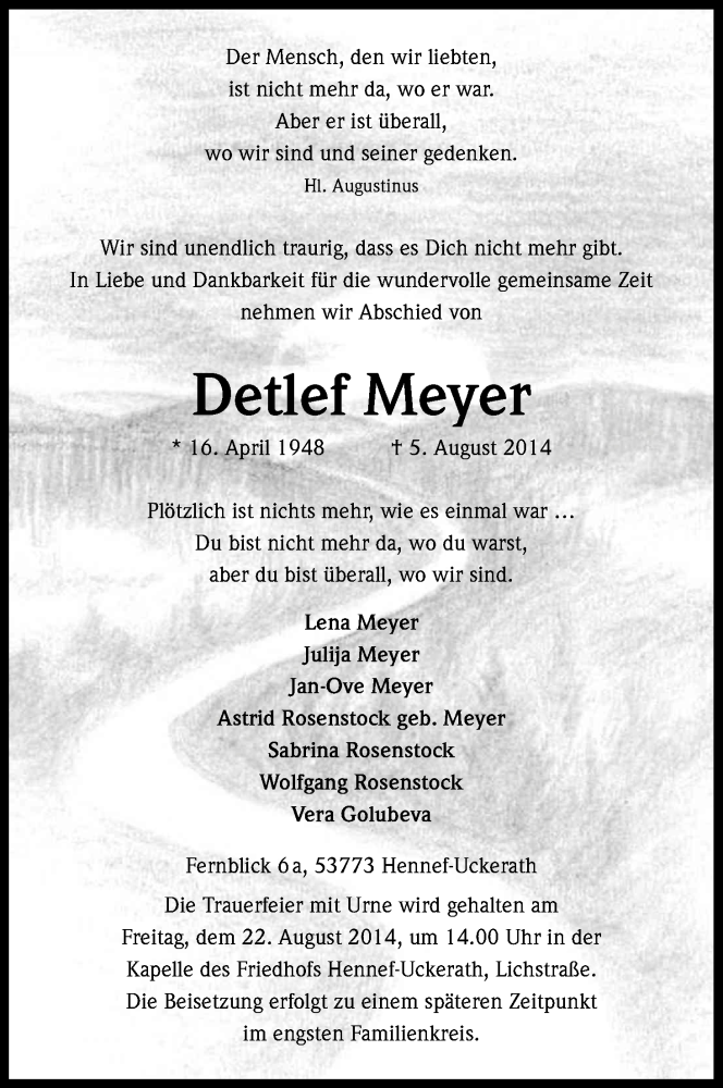  Traueranzeige für Detlef Meyer vom 16.08.2014 aus Kölner Stadt-Anzeiger / Kölnische Rundschau / Express