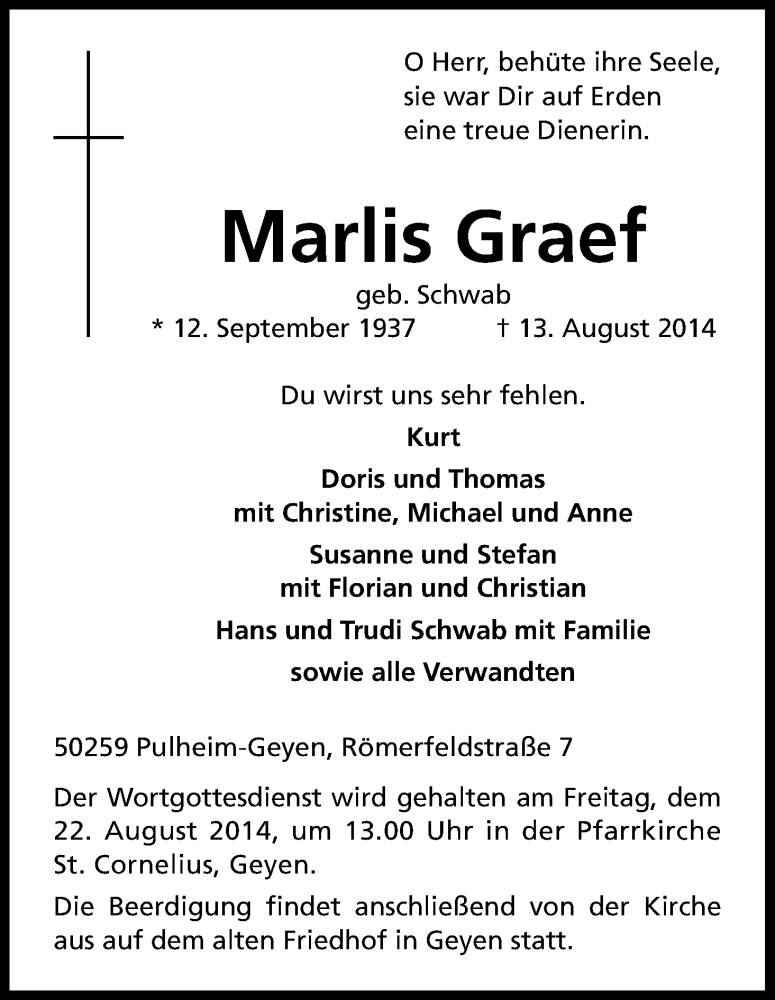  Traueranzeige für Marlis Graef vom 16.08.2014 aus Kölner Stadt-Anzeiger / Kölnische Rundschau / Express