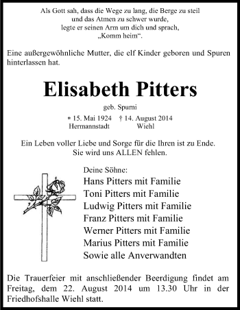 Anzeige von Elisabeth Pitters von Kölner Stadt-Anzeiger / Kölnische Rundschau / Express