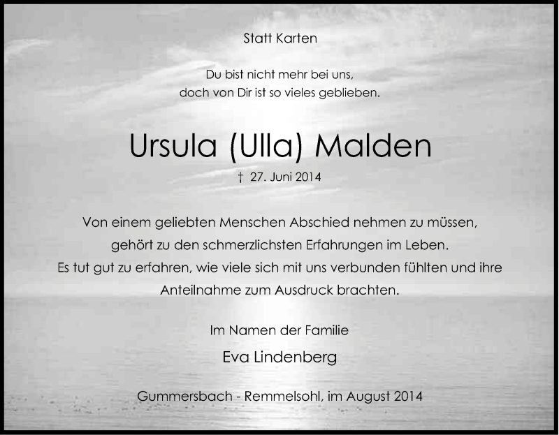  Traueranzeige für Ursula Malden vom 16.08.2014 aus Kölner Stadt-Anzeiger / Kölnische Rundschau / Express