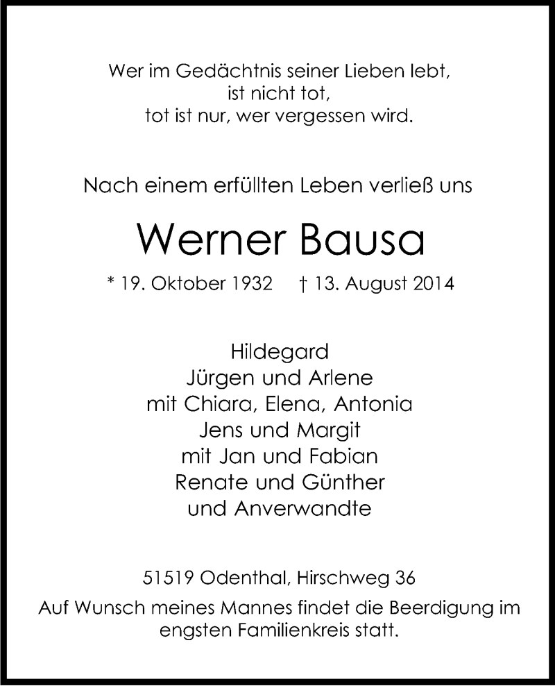  Traueranzeige für Werner Bausa vom 16.08.2014 aus Kölner Stadt-Anzeiger / Kölnische Rundschau / Express