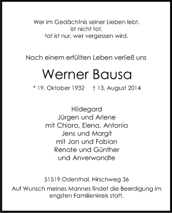 Anzeige von Werner Bausa von Kölner Stadt-Anzeiger / Kölnische Rundschau / Express