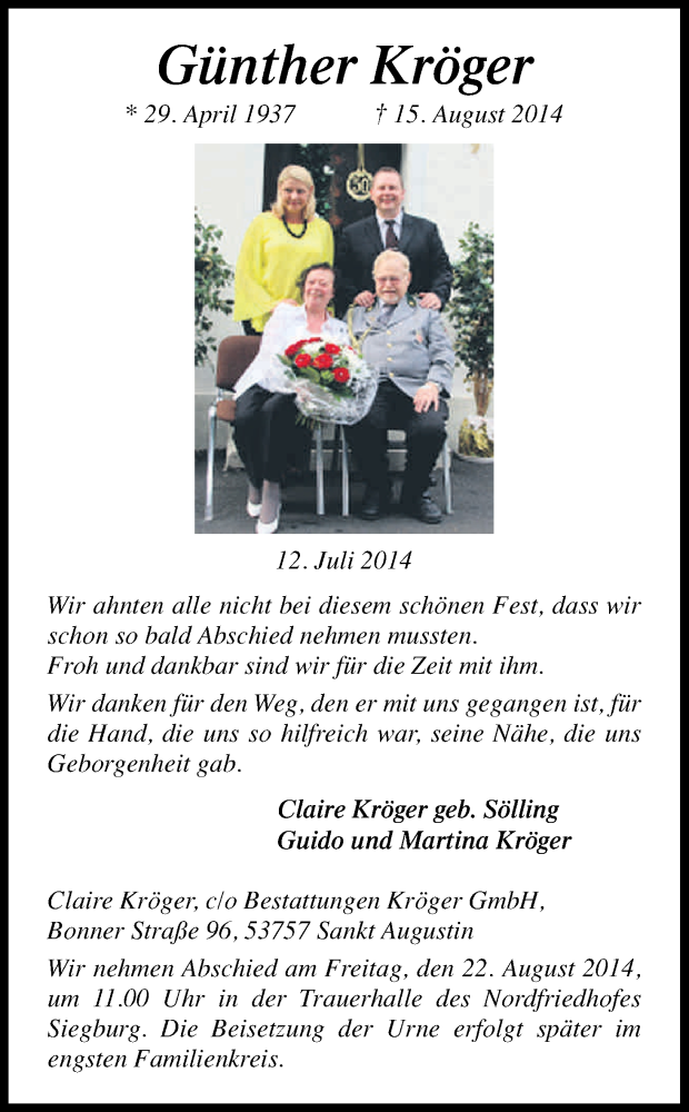  Traueranzeige für Günther Kröger vom 16.08.2014 aus Kölner Stadt-Anzeiger / Kölnische Rundschau / Express