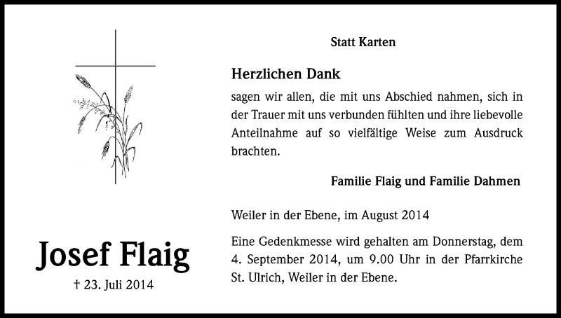  Traueranzeige für Josef Flaig vom 28.08.2014 aus Kölner Stadt-Anzeiger / Kölnische Rundschau / Express