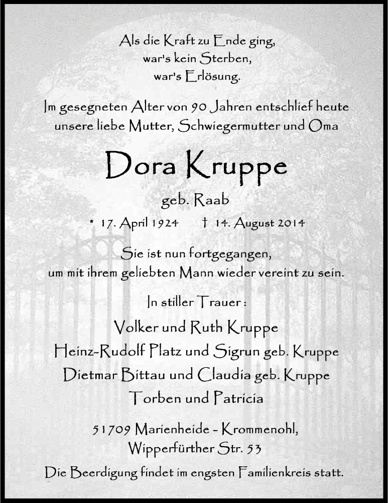  Traueranzeige für Dora Kruppe vom 16.08.2014 aus Kölner Stadt-Anzeiger / Kölnische Rundschau / Express