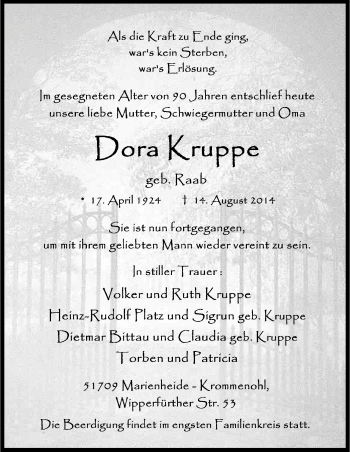 Anzeige von Dora Kruppe von Kölner Stadt-Anzeiger / Kölnische Rundschau / Express