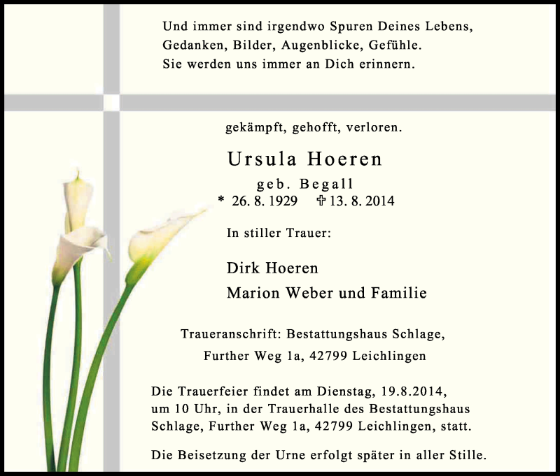  Traueranzeige für Ursula Hoeren vom 16.08.2014 aus Kölner Stadt-Anzeiger / Kölnische Rundschau / Express