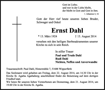 Anzeige von Ernst Dahl von Kölner Stadt-Anzeiger / Kölnische Rundschau / Express