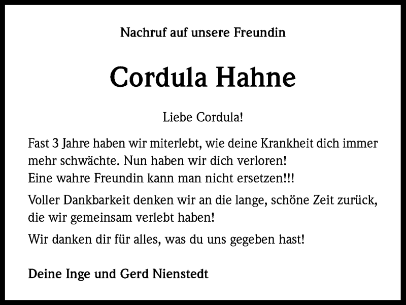  Traueranzeige für Cordula Hahne vom 16.08.2014 aus Kölner Stadt-Anzeiger / Kölnische Rundschau / Express