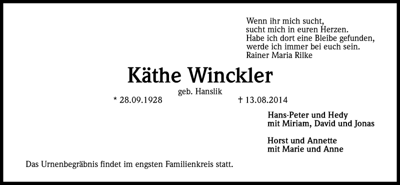  Traueranzeige für Käthe Winckler vom 18.08.2014 aus Kölner Stadt-Anzeiger / Kölnische Rundschau / Express