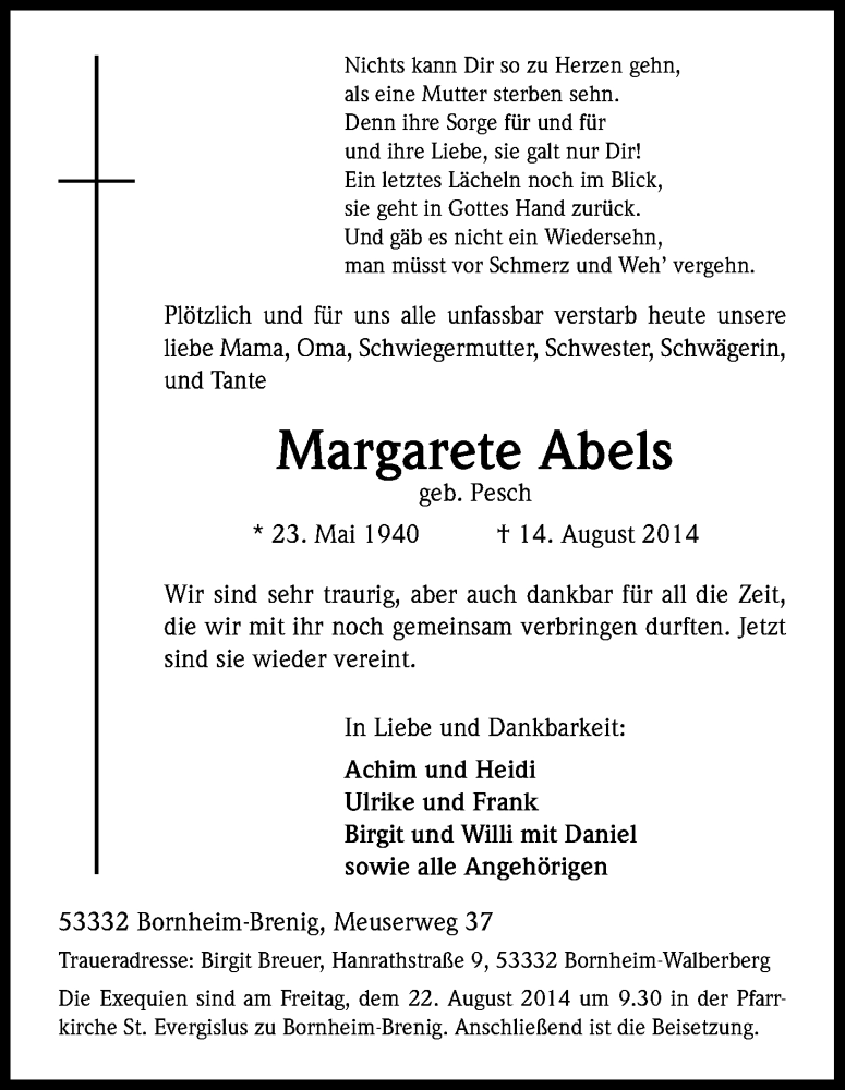  Traueranzeige für Margarete Abels vom 16.08.2014 aus Kölner Stadt-Anzeiger / Kölnische Rundschau / Express