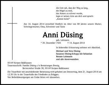 Anzeige von Anni Düsing von Kölner Stadt-Anzeiger / Kölnische Rundschau / Express