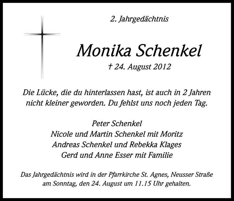  Traueranzeige für Monika Schenkel vom 20.08.2014 aus Kölner Stadt-Anzeiger / Kölnische Rundschau / Express