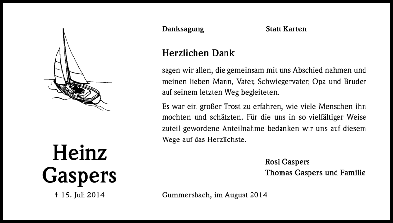  Traueranzeige für Heinz Gaspers vom 20.08.2014 aus Kölner Stadt-Anzeiger / Kölnische Rundschau / Express