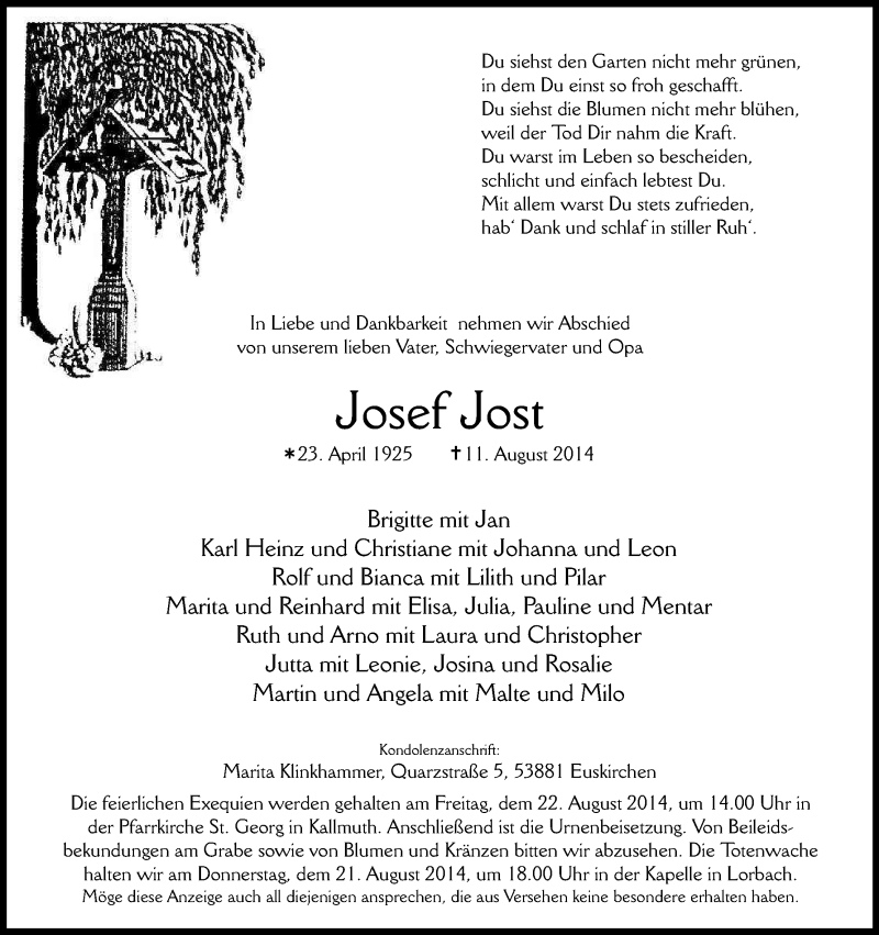  Traueranzeige für Josef Jost vom 20.08.2014 aus Kölner Stadt-Anzeiger / Kölnische Rundschau / Express