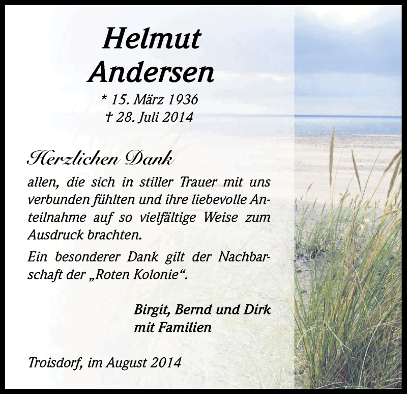  Traueranzeige für Helmut Andersen vom 23.08.2014 aus Kölner Stadt-Anzeiger / Kölnische Rundschau / Express