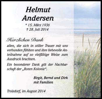 Anzeige von Helmut Andersen von Kölner Stadt-Anzeiger / Kölnische Rundschau / Express