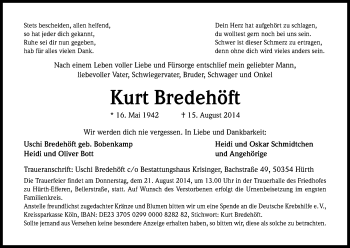 Anzeige von Kurt Bredehöft von Kölner Stadt-Anzeiger / Kölnische Rundschau / Express
