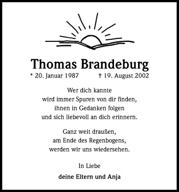 Anzeige von Thomas Brandeburg von Kölner Stadt-Anzeiger / Kölnische Rundschau / Express