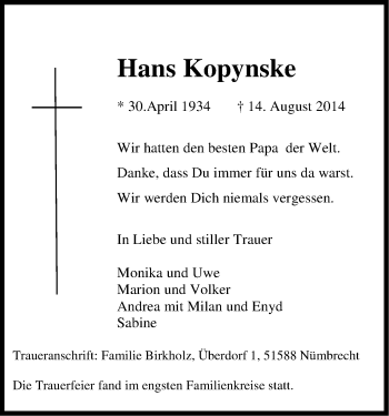 Anzeige von Hans Kopynske von Kölner Stadt-Anzeiger / Kölnische Rundschau / Express
