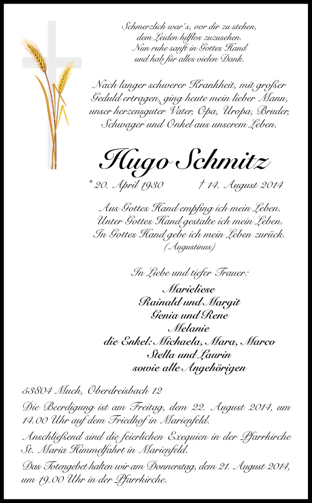  Traueranzeige für Hugo Schmitz vom 19.08.2014 aus Kölner Stadt-Anzeiger / Kölnische Rundschau / Express