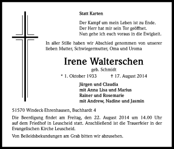 Anzeige von Irene Walterschen von Kölner Stadt-Anzeiger / Kölnische Rundschau / Express