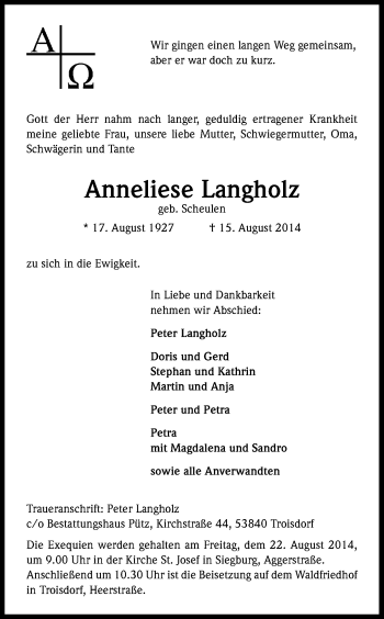 Anzeige von Anneliese Langholz von Kölner Stadt-Anzeiger / Kölnische Rundschau / Express