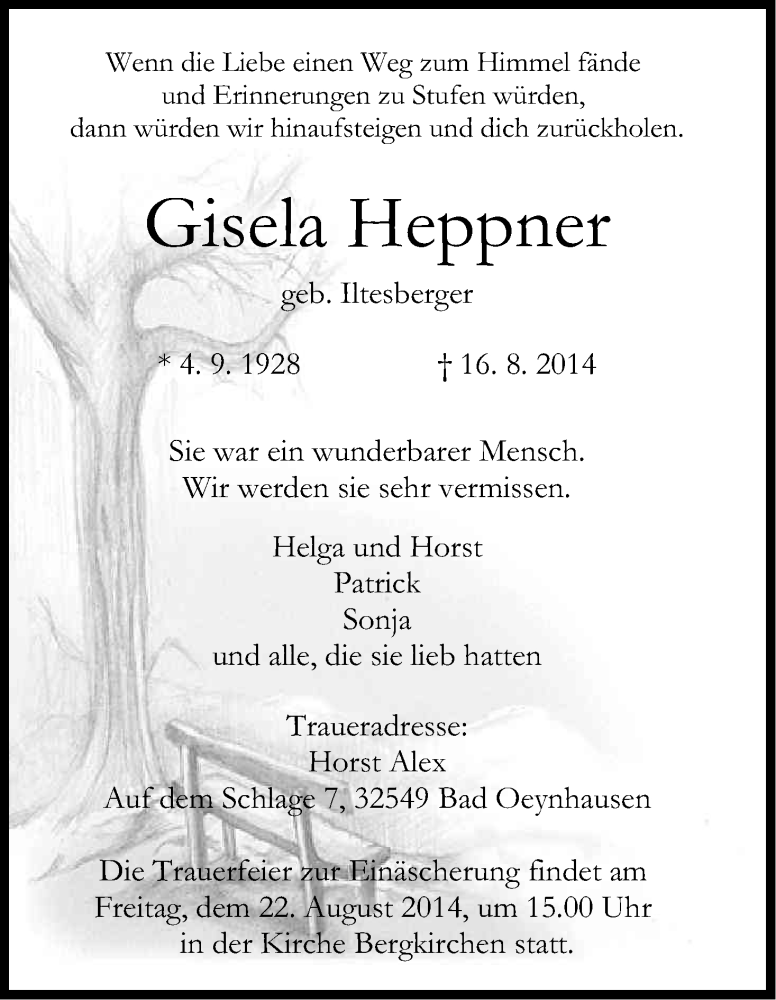  Traueranzeige für Gisela Heppner vom 19.08.2014 aus Kölner Stadt-Anzeiger / Kölnische Rundschau / Express