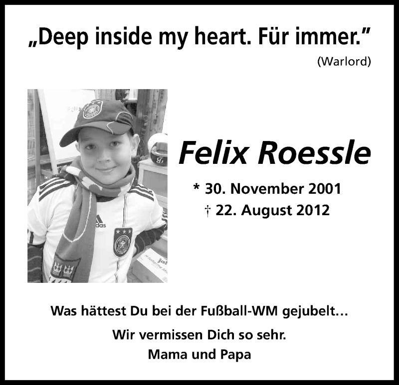  Traueranzeige für Felix Roessle vom 22.08.2014 aus Kölner Stadt-Anzeiger / Kölnische Rundschau / Express