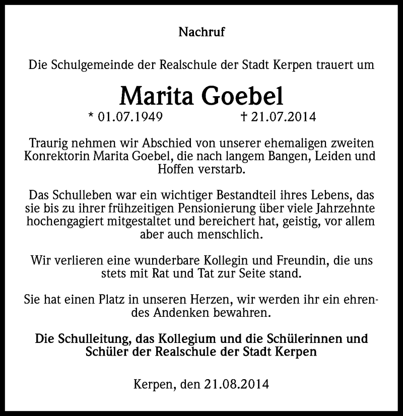  Traueranzeige für Marita Goebel vom 21.08.2014 aus Kölner Stadt-Anzeiger / Kölnische Rundschau / Express