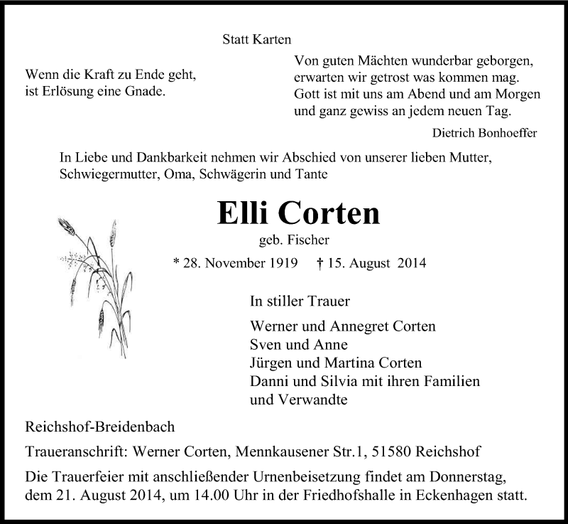  Traueranzeige für Elli Corten vom 19.08.2014 aus Kölner Stadt-Anzeiger / Kölnische Rundschau / Express