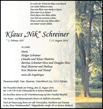 Anzeige von Klaus Schreiner von Kölner Stadt-Anzeiger / Kölnische Rundschau / Express