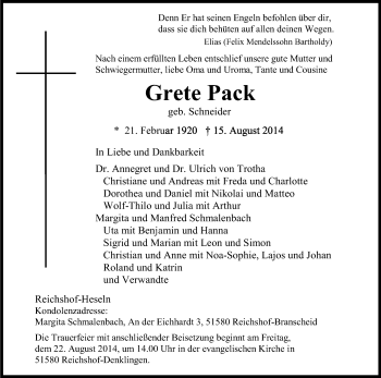 Anzeige von Grete Pack von Kölner Stadt-Anzeiger / Kölnische Rundschau / Express