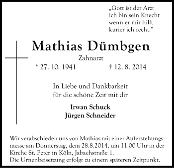 Anzeige von Mathias Dümbgen von Kölner Stadt-Anzeiger / Kölnische Rundschau / Express