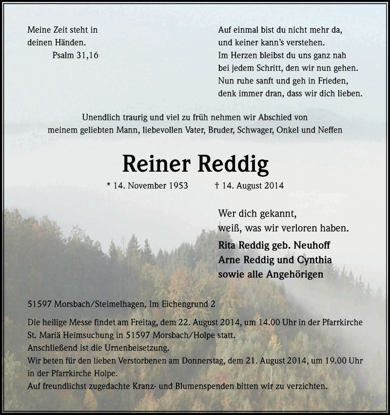  Traueranzeige für Reiner Reddig vom 19.08.2014 aus Kölner Stadt-Anzeiger / Kölnische Rundschau / Express