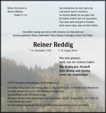 Anzeige von Reiner Reddig von Kölner Stadt-Anzeiger / Kölnische Rundschau / Express