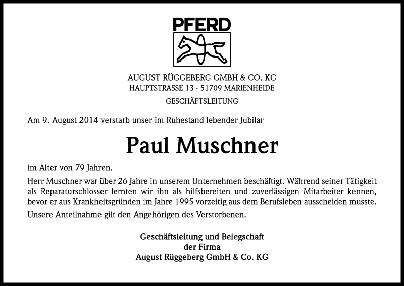  Traueranzeige für Paul Muschner vom 19.08.2014 aus Kölner Stadt-Anzeiger / Kölnische Rundschau / Express