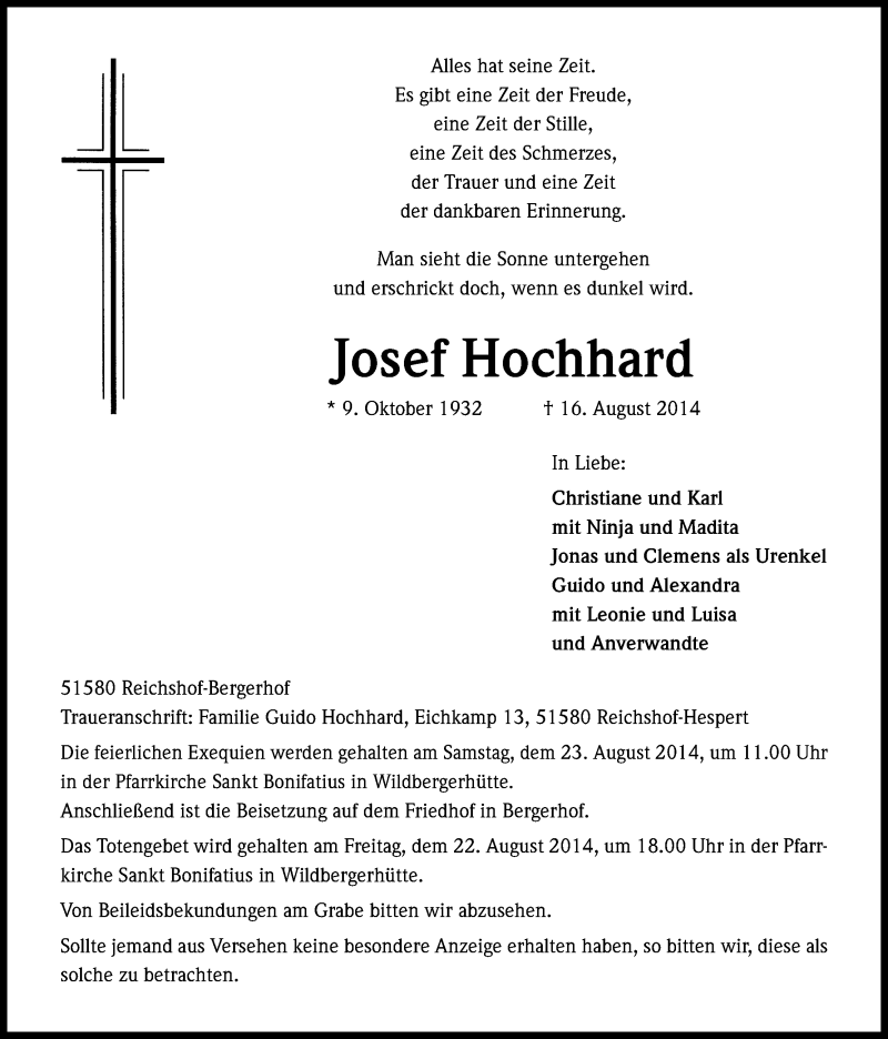  Traueranzeige für Josef Hochhard vom 19.08.2014 aus Kölner Stadt-Anzeiger / Kölnische Rundschau / Express