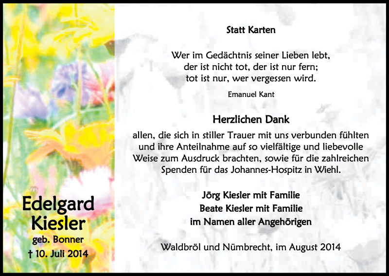  Traueranzeige für Edelgard Kiesler vom 23.08.2014 aus Kölner Stadt-Anzeiger / Kölnische Rundschau / Express